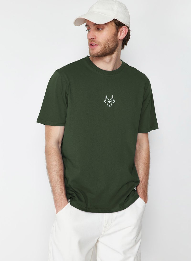 trendyol Wolf Embroidery Khaki T-Shirt - Regular Fit 100% Tmnss24Ts00056 - Image 1
