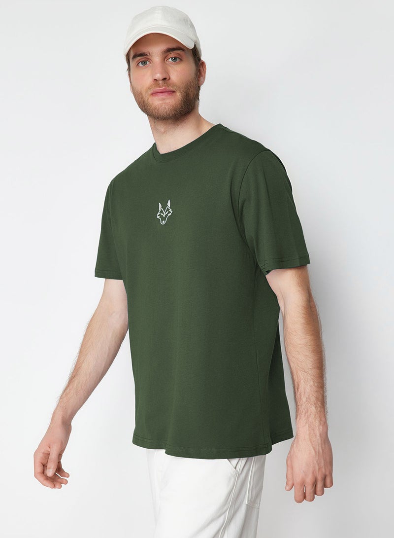 trendyol Wolf Embroidery Khaki T-Shirt - Regular Fit 100% Tmnss24Ts00056 - Image 3