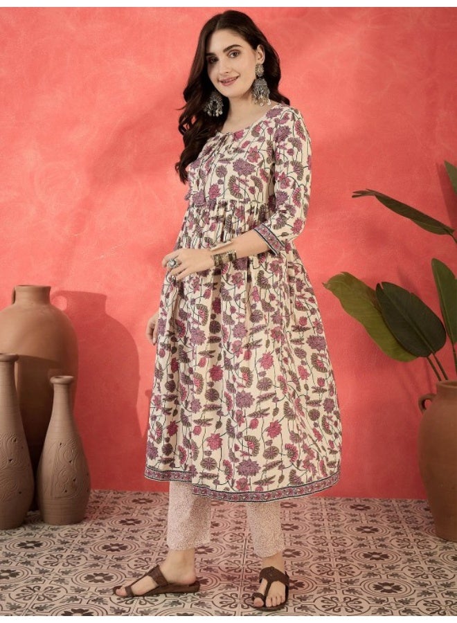 AKS Off-White A-Line Kurta set with Soft pick Floral Print - Image 4