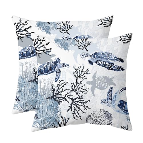 weesire Nautical Coastal Throw Pillow Covers Set of 2 Beach Themed Ocean Coral Sea Turtle Decorative Pillow Cases Outdoor Sofa Cushion Cover for Bedroom Living Room 16x16 Blue