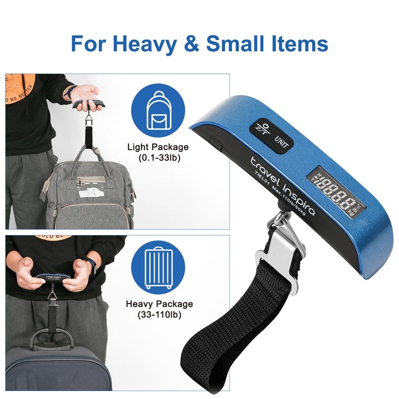 travel inspira Digital Luggage Scale – Portable Hanging Suitcase Weight Scale for Travel, 110 lb Capacity, Backlit LCD Display, Prevents Airport Overweight Fees, Battery Included, Black Stainless - Image 5
