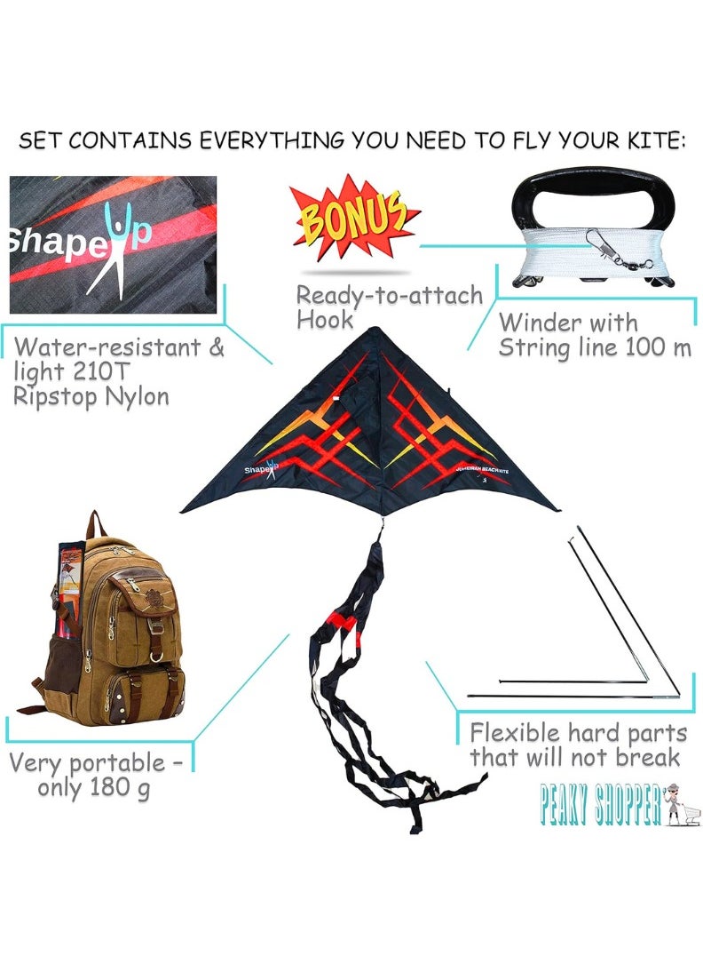 SHAPE UP Shapeup Single Line Beach Kite for Kids & Adults, Kites for Beginner with 1.6 Meter Strong Kite String with Winder Handle, Easy-To-Fly Sport & Outdoor Toys Great for All Ages - Orange-Black  - Image 2
