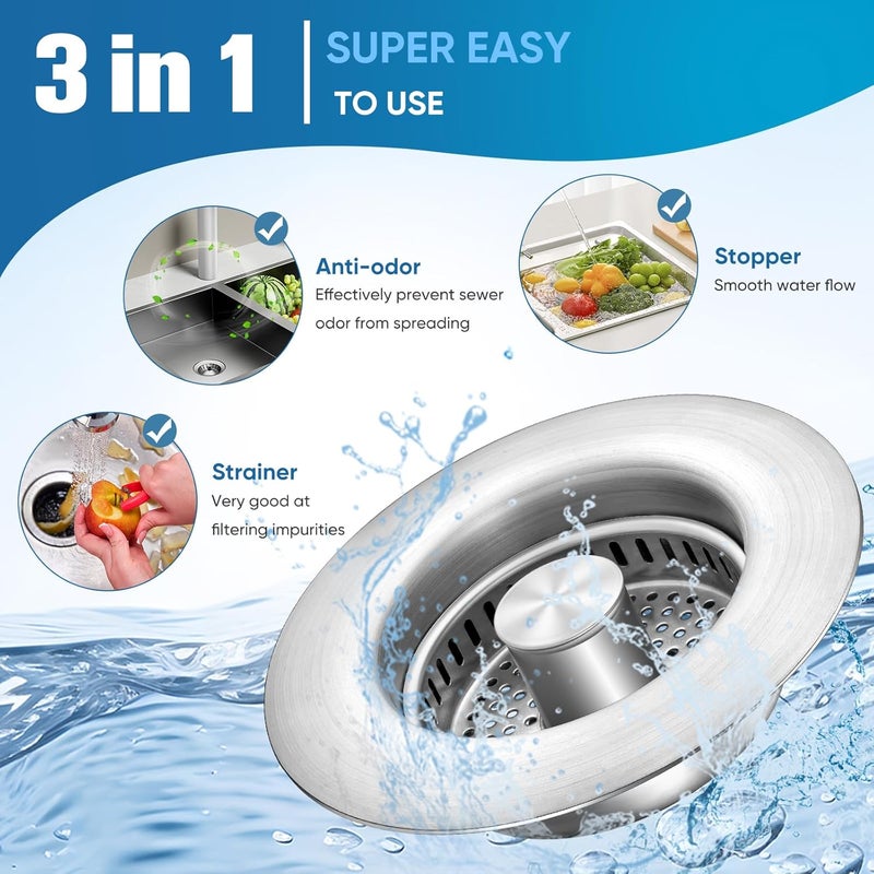 ENRUNEST 2 Pack Sink Drain Strainer Kitchen Sink Drain Strainer&Sink Stopper,Stainless Steel Pop up Sink Drain Strainer,Anti-Clogging Basket Strainer,High Durability with Brass Core,Fit 3-1/2",Chrome - Image 2