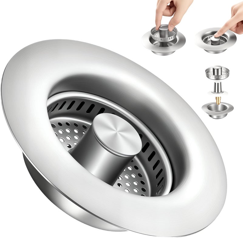 ENRUNEST 2 Pack Sink Drain Strainer Kitchen Sink Drain Strainer&Sink Stopper,Stainless Steel Pop up Sink Drain Strainer,Anti-Clogging Basket Strainer,High Durability with Brass Core,Fit 3-1/2",Chrome - Image 1