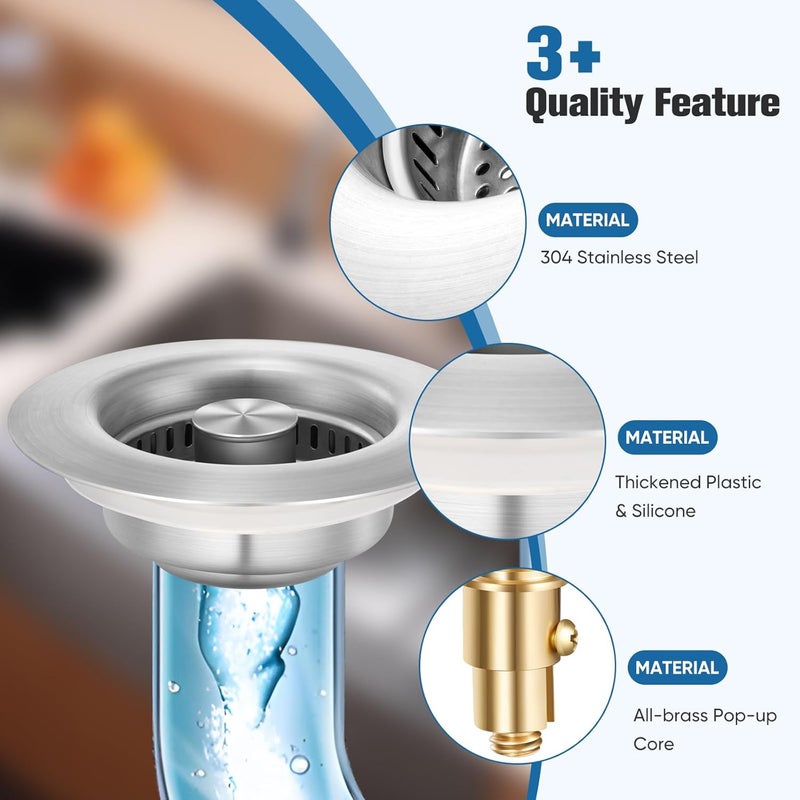 ENRUNEST 2 Pack Sink Drain Strainer Kitchen Sink Drain Strainer&Sink Stopper,Stainless Steel Pop up Sink Drain Strainer,Anti-Clogging Basket Strainer,High Durability with Brass Core,Fit 3-1/2",Chrome - Image 3