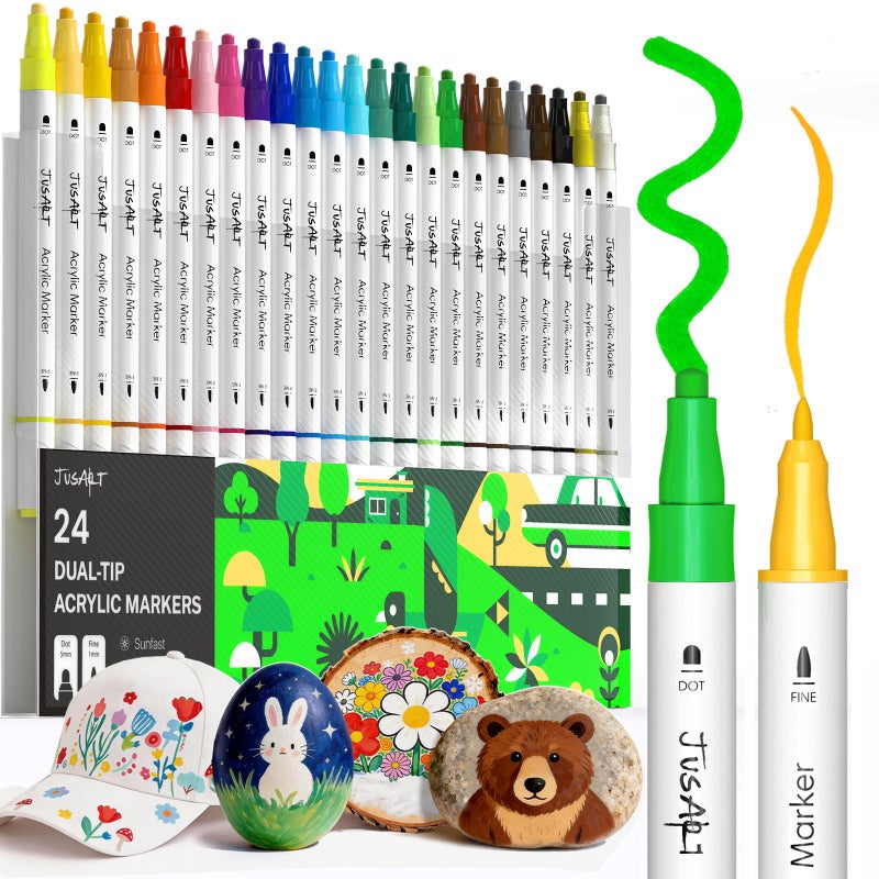 JusArt 24 Colors Acrylic Paint Markers, Dual Tip Coloring Markers with Dot and Fine Tip for Rock, Fabric, Wood, Glass, Ceramic, Canvas, Vibrant Art Supplies and DIY Crafts Art Supplies - Image 1
