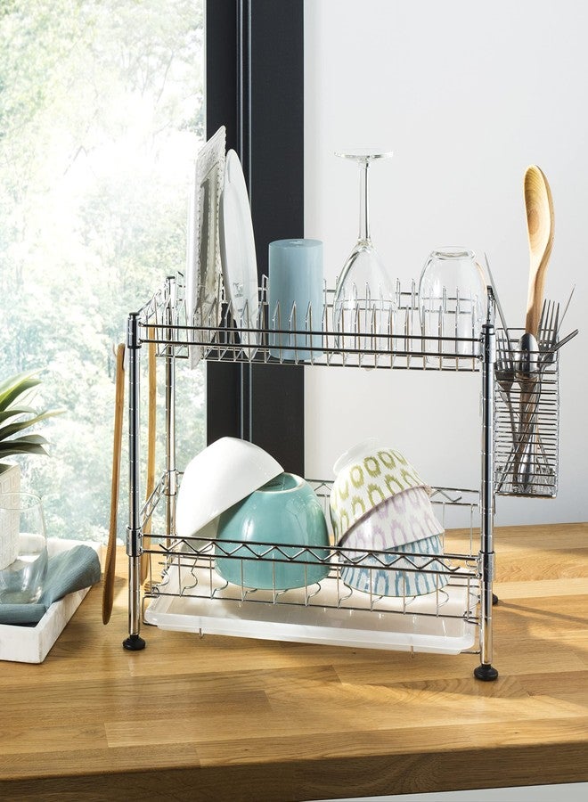 happimess DSH1002A Brooklyn 24' 2-Tier Adjustable Dish Rack with a Cutlery Holder, Durable Carbon Steel for Various Tableware, Easy Installation, Chrome - Image 2