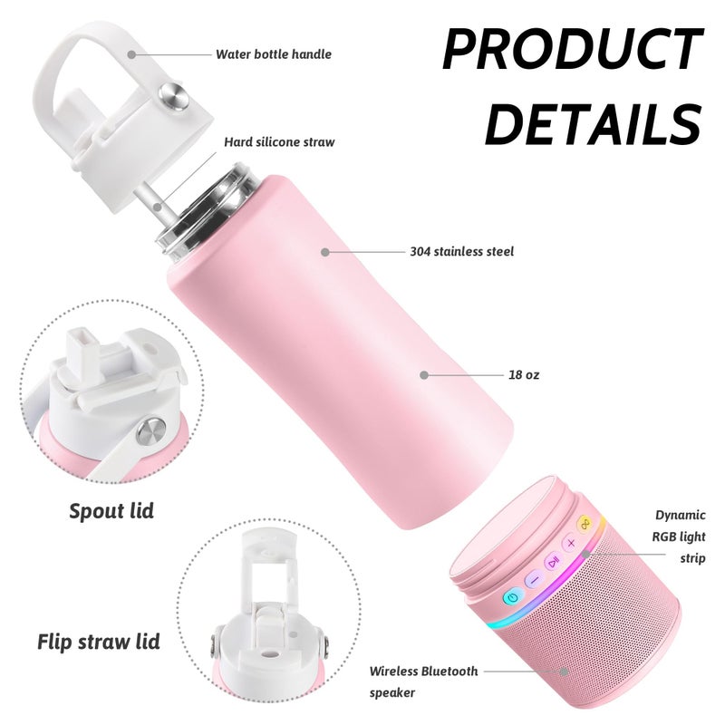KAKULO Water Bottle with Portable Bluetooth Speaker - Modular Insulated Water Bottles w/Handle, BT5.3, TWS Pairing Speaker and Stainless Steel Cups for Camping Sports Beach (Pink) - Image 2