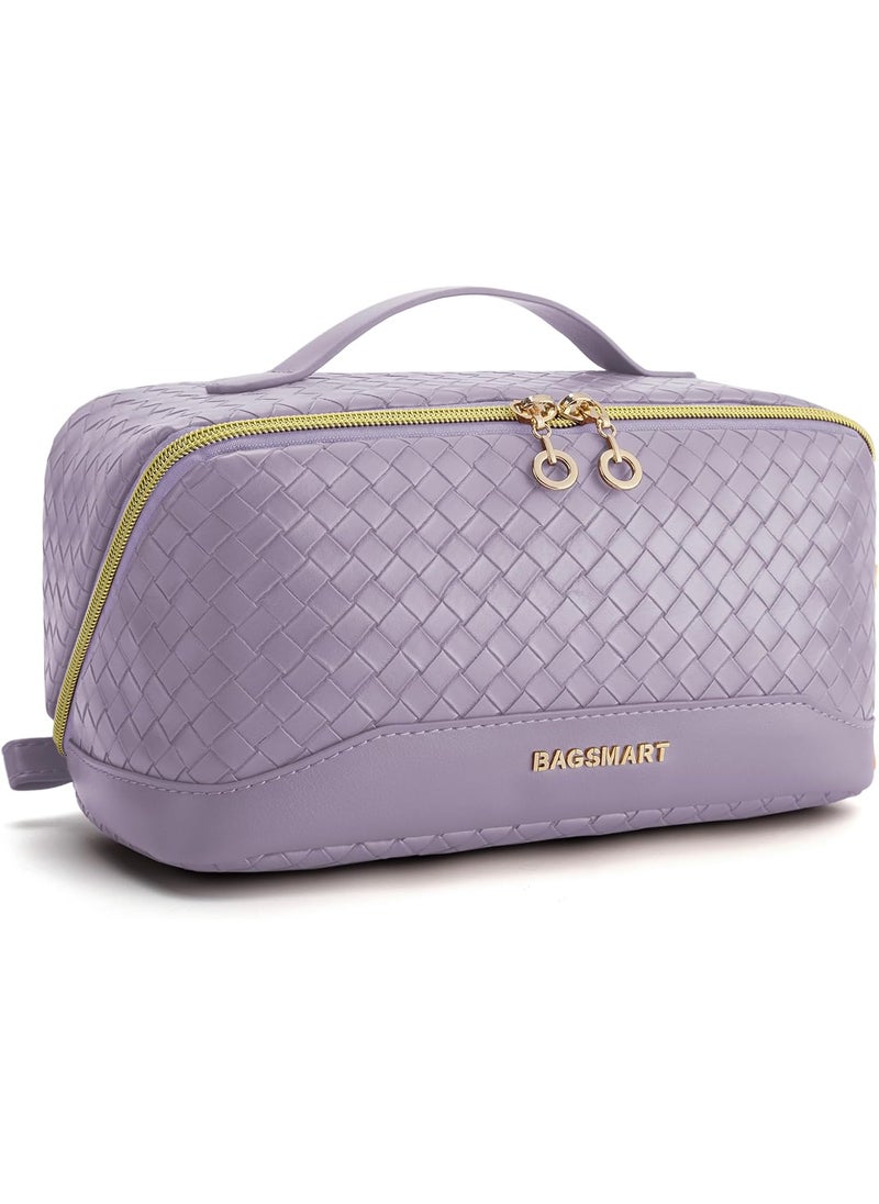 BAGSMART - BAGSMART Makeup Bag, Travel Cosmetic Bag Organizer, PU Leather Water-Resistant Pouch, Open Flat Makeup Storage for Toiletries, Brushes, PU Leather Purple - Image 1