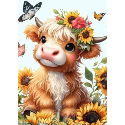 Yanfairy Highland Cow Diamond Art Kits for Adults Round Full Drill Paint with Diamond Gem Art Crafts Kits DIY Cow Sunflower 5D Diamond Painting Kits Beginners Diamond Dots Wall Decor 12x16inch - Image 1