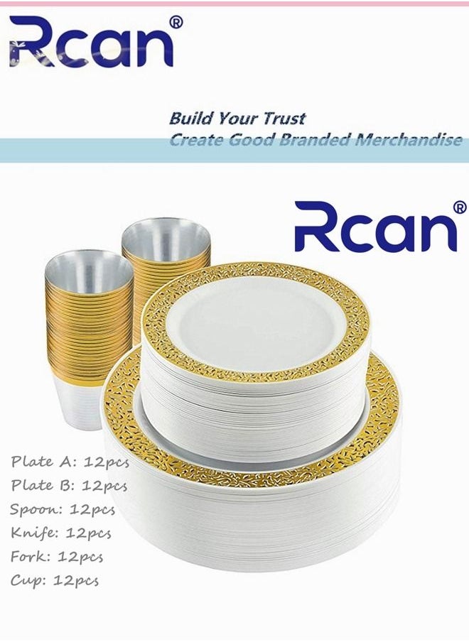 Rcan 72 قطعة/مجموعة ذهبية راقية لحفلات الزفاف وتناول الطعام، مجموعة أدوات مائدة بلاستيكية منحوتة مجوفة للاستعمال مرة واحدة، طبق لوازم الحفلات، ملعقة، شوكة، سكين، كوب، أدوات مائدة للحفلات (12 ضيفًا)  - Image 2