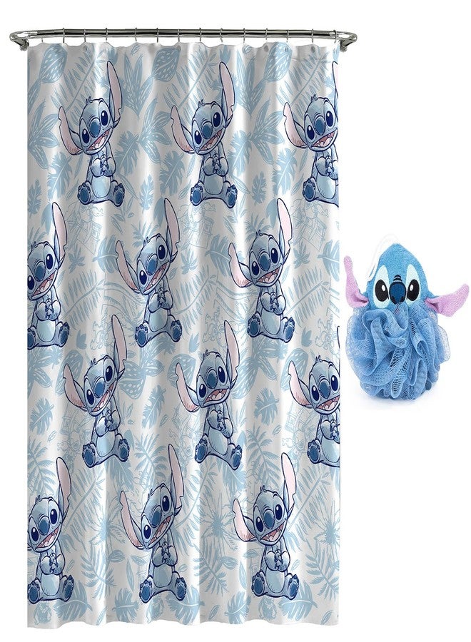 Jay Franco Disney Lilo & Stitch 2 Piece Bathroom Set - White & Blue Floral Shower Curtain & Loofah Body Scrubber - Image 1