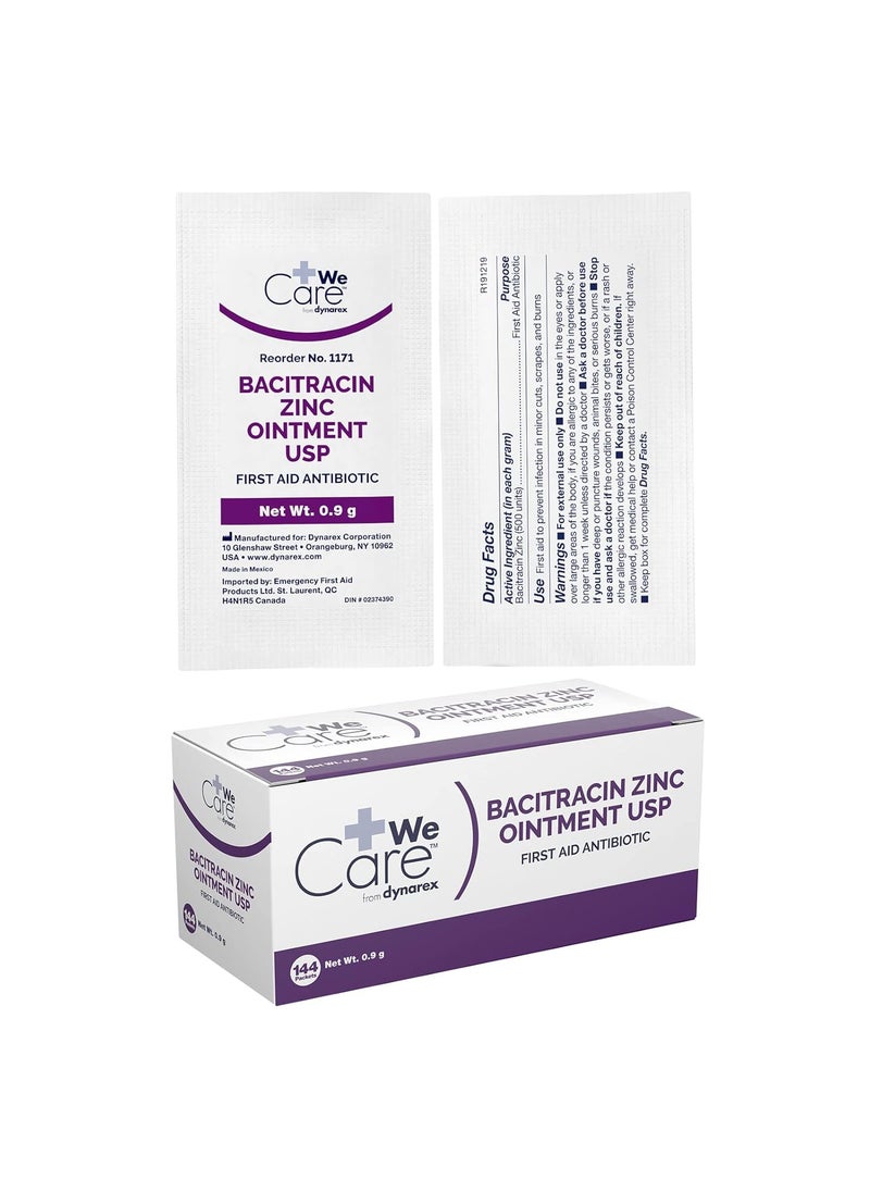 Dynarex Dynarex Bacitracin Zinc Ointment USP - Burn Cream and Antibiotic Ointment for Minor Cuts, Diaper Rashes, Wound Care and First Aid, 0.9g Packets - 1 Box of 144 Packets 