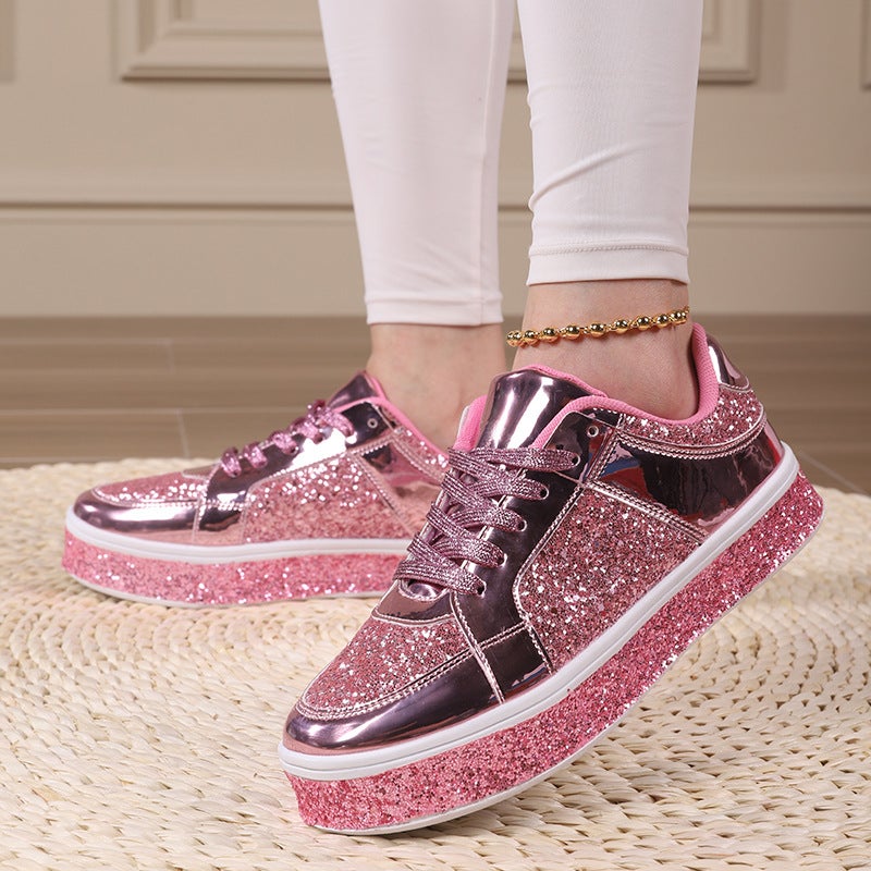 Korean-style Trendy Casual Thick Sneakers New Glossy Fashionable Womens Shoes Low-top Lace-up Flat Shoes Couples Trendy Shoes Pink - Image 4