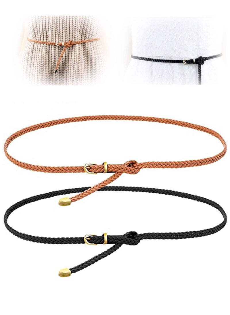 SYOSI Braided Waist Belts, 2 Pieces for Women for Dresses PU Leather Skinny Woven Belt Cowgirl with Pin Buckle Thin( Black and Brown)  - Image 1