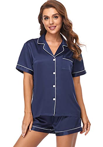 Serenedelicacy Women's Satin Pajama Set 2-Piece Sleepwear Loungewear Button Down Short Sleeve Silky PJ Set (Small, Navy Blue) - Image 3
