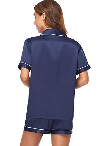 Serenedelicacy Women's Satin Pajama Set 2-Piece Sleepwear Loungewear Button Down Short Sleeve Silky PJ Set (Small, Navy Blue) - Image 2