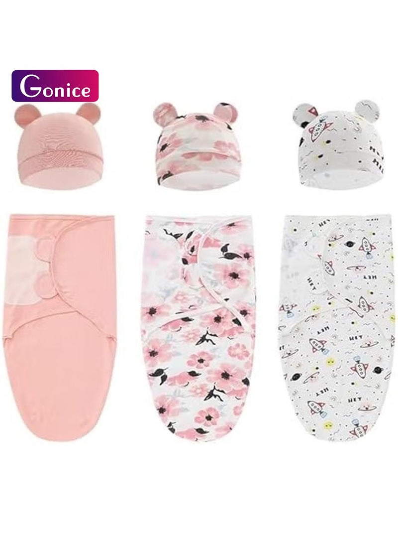 جونيس طقم قماط نوم للأطفال من مابروتي مع قبعة للأطفال من عمر 0-3 اشهر، عبوة من 3 قطع من القطن الناعم لحديثي الولادة قابلة للارتداء للبنات والأولاد (مجموعة زهور بلون بينك) - Image 1