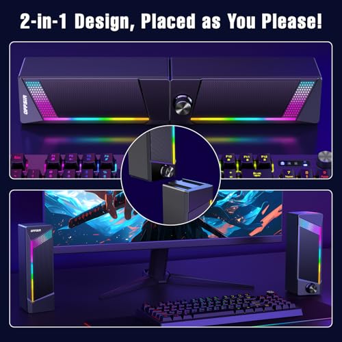 OFFSIR Computer Speakers, 2 in 1 PC Speaker , Gaming Speakers for PC Computer Laptop Desktop Monitor, RGB Speakers with Touch Sensitive Lighting, USB Powered 3.5mm Aux（Package Only Two Speaker, No Soundbar） - Image 2