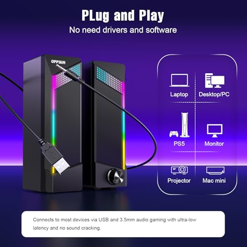OFFSIR Computer Speakers, 2 in 1 PC Speaker , Gaming Speakers for PC Computer Laptop Desktop Monitor, RGB Speakers with Touch Sensitive Lighting, USB Powered 3.5mm Aux（Package Only Two Speaker, No Soundbar） - Image 5