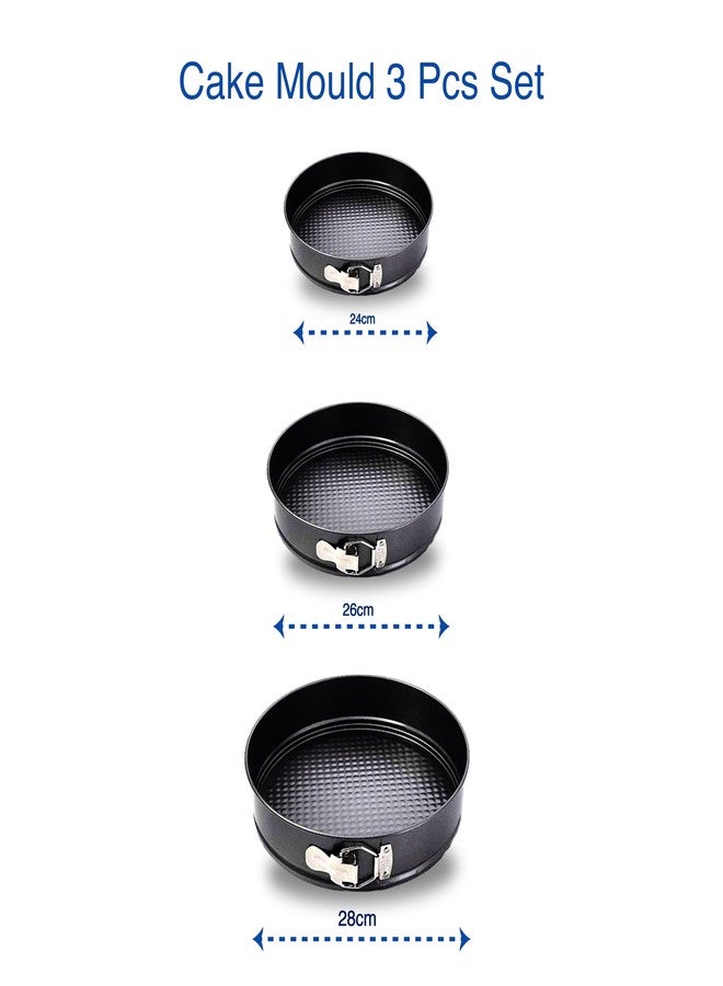 Wishome Round Springform Cake Mould Pan Set Teflon Coated Carbon Steel Lockable Non-Stick Cake Baking Mould for Microwave Oven OTG Dishwasher Safe – Baking Tray 3Pc Set (24-26-28Cm) - BK009, Black - Image 2