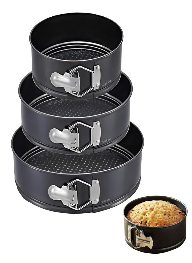 Wishome Round Springform Cake Mould Pan Set Teflon Coated Carbon Steel Lockable Non-Stick Cake Baking Mould for Microwave Oven OTG Dishwasher Safe – Baking Tray 3Pc Set (24-26-28Cm) - BK009, Black - Image 1