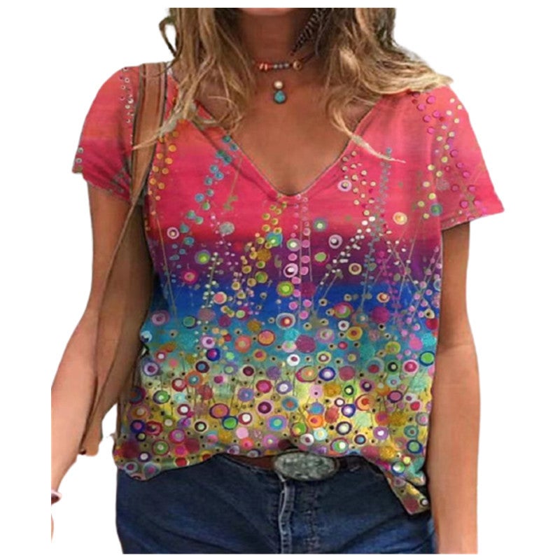 2021 wish loose short sleeve V-neck printed women's T-shirt - Image 3