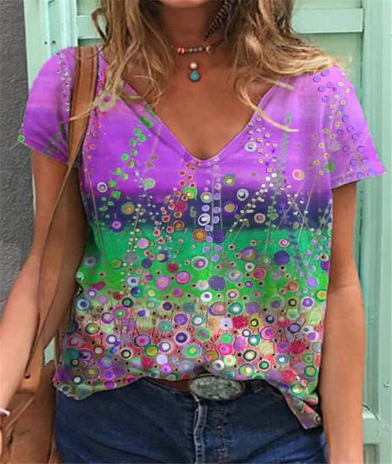 2021 wish loose short sleeve V-neck printed women's T-shirt - Image 1