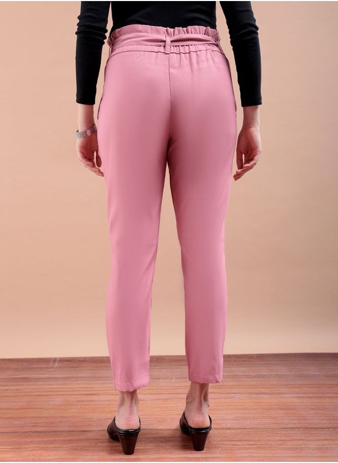 Freehand Women Slim Fit Solid Mid-Rise Elasticated Ruffle Waist Trousers  - Image 2
