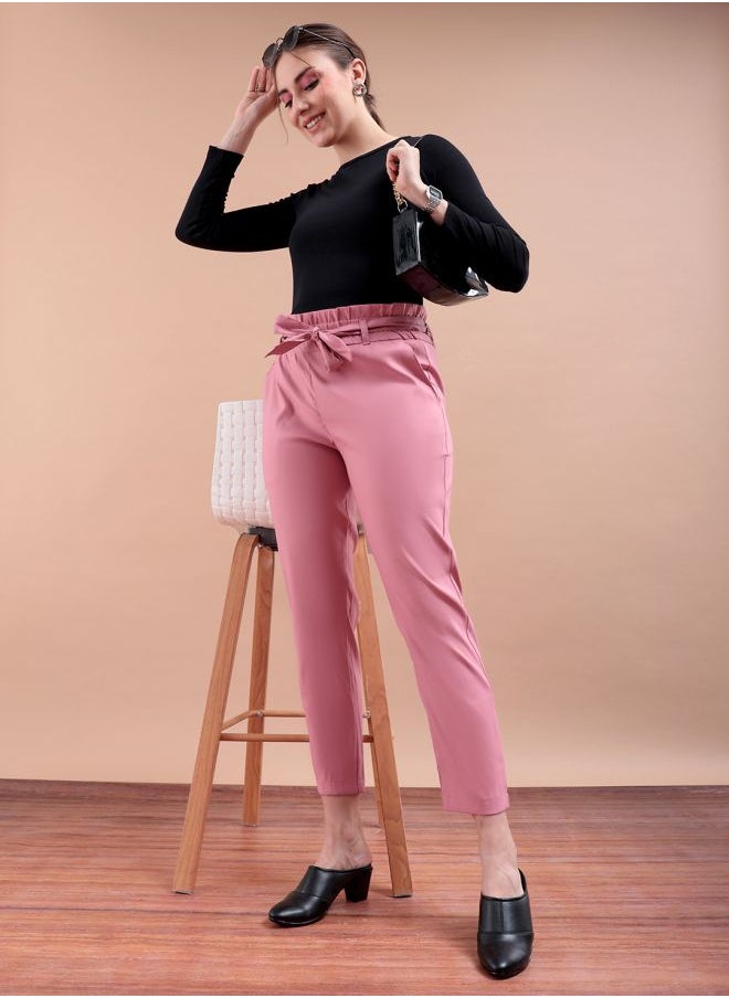 Freehand Women Slim Fit Solid Mid-Rise Elasticated Ruffle Waist Trousers  - Image 1