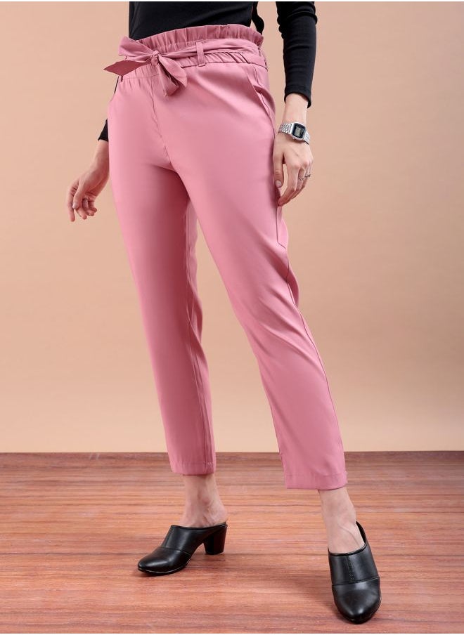 Freehand Women Slim Fit Solid Mid-Rise Elasticated Ruffle Waist Trousers  - Image 3