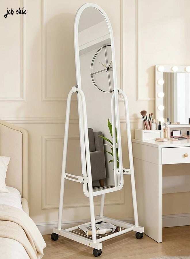 JCB CHIC Adjustable Full-Length Standing Mirror with Wheels, Arched Floor Mirror with Storage Shelf, Metal Frame for Bedroom, Dressing Room, or Closet – Modern & Space-Saving Design - Image 1