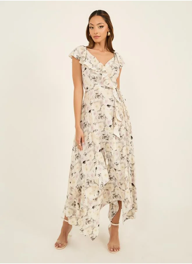 Styli All-Over Floral Print Ruffle Detail Wrap Maxi Dress