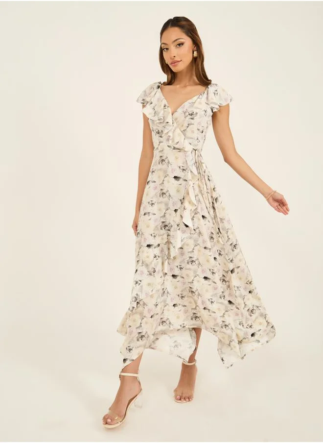 Styli All-Over Floral Print Ruffle Detail Wrap Maxi Dress