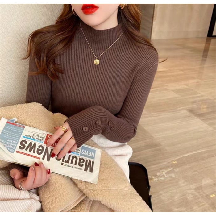 Half turtleneck sweater bottoming shirt womens autumn and winter 2025 new inside explosion foreign style solid color all-match knitted top Coffee