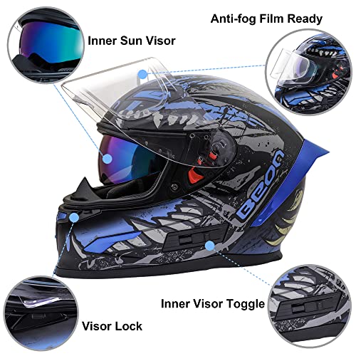 BEON Full Face Motorcycle Helmet, Street Bike Helmet with Clear&Tinted Visors and Multiple Vents, Motocross Casco DOT Approved for Adult Men Women, S-XL (M, Glossy Blue) - Image 5