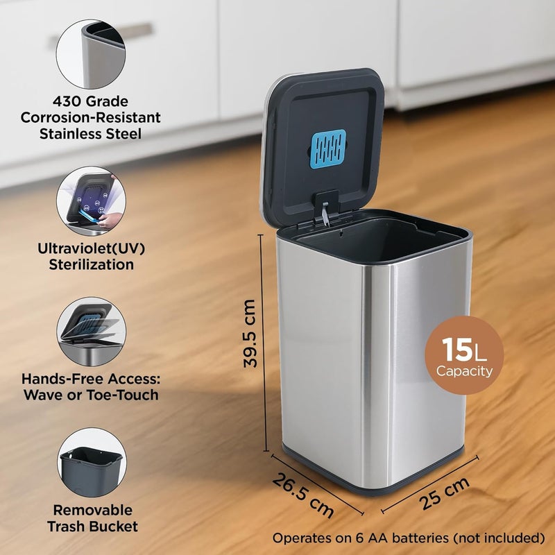 Kuber Industries Kuber Industries 15L Stainless Steel Automatic Touchless Motion Sensor Dustbin Quick Open Soft Close Lid Garbage Bin for Kitchen Bathroom Indoor Outdoor Trash Can  - Image 3