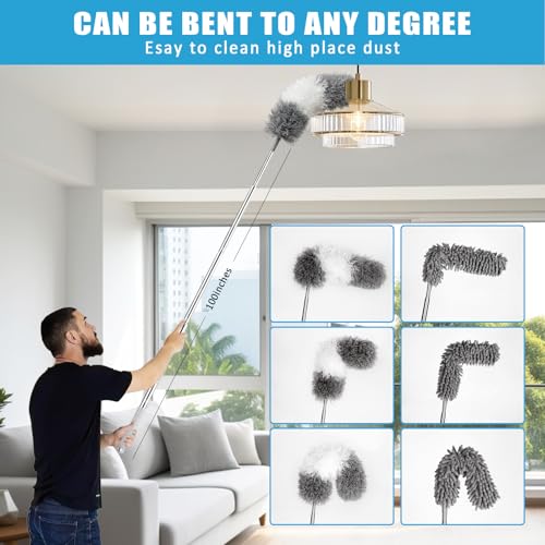 HLWDFLZ Microfiber Duster Kit 36pcs with 30 to 100 in Extension Pole and Ceiling Fan Cleaner Duster, Washable and Bendable Feather Duster for Cleaning Ceiling Fans, High Ceilings, Blinds, Grey - Image 3