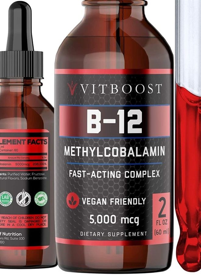 VITBOOST Vegan Liquid B-12 Drops – 60 x 5000 mcg Extra Strength Raspberry Flavored Vitamin B12 Liquid Methylcobalamin sublingual Supplement | Designed to Maximize Absorption & Energy | Gluten Free - Image 1