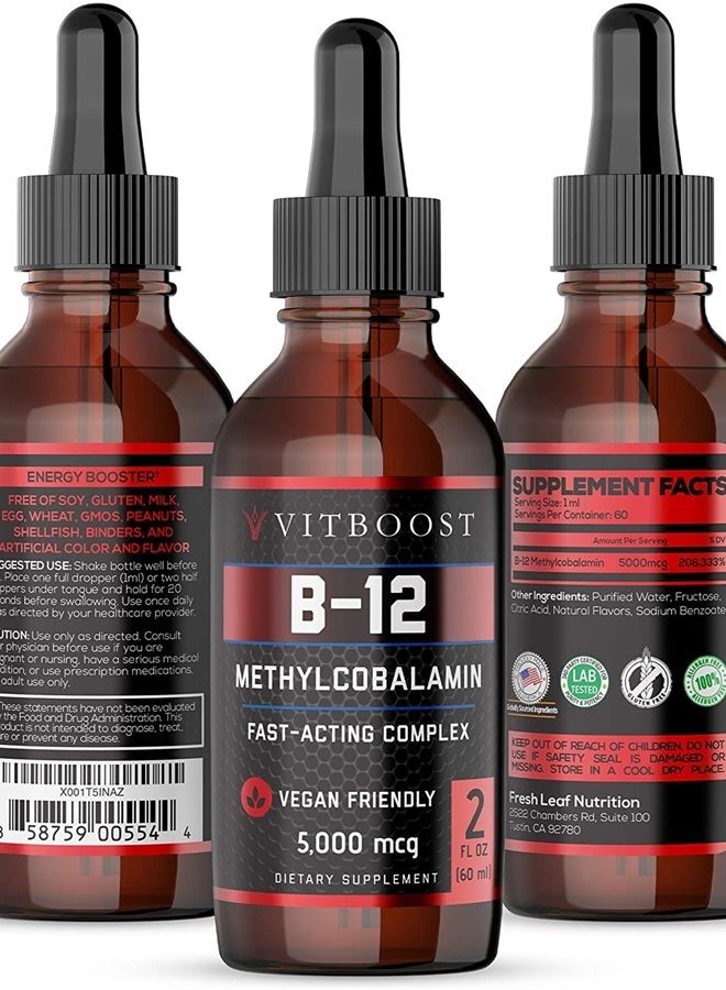VITBOOST Vegan Liquid B-12 Drops – 60 x 5000 mcg Extra Strength Raspberry Flavored Vitamin B12 Liquid Methylcobalamin sublingual Supplement | Designed to Maximize Absorption & Energy | Gluten Free - Image 2