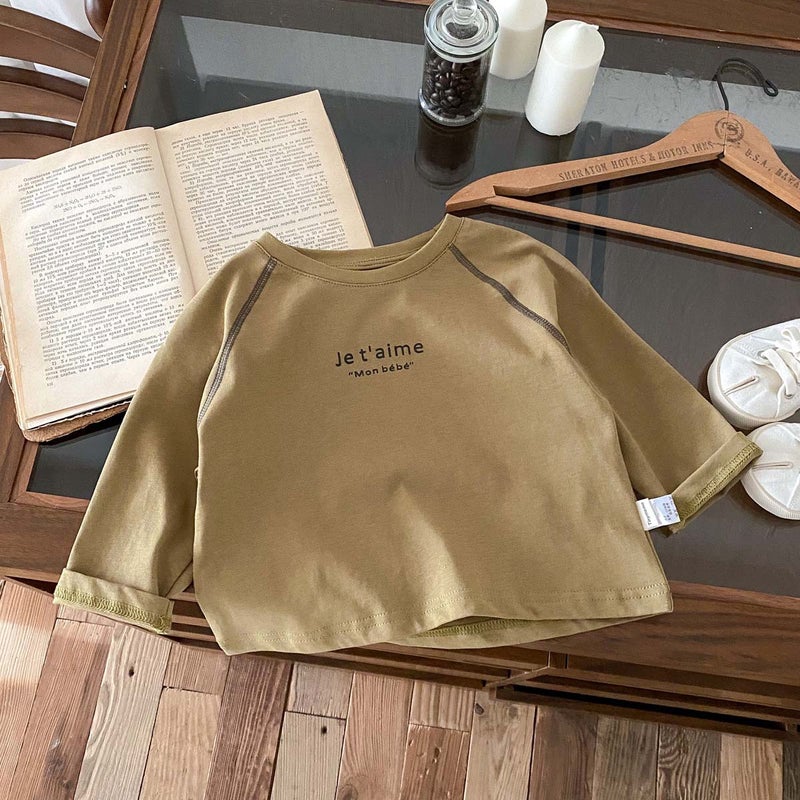 Children'S Korean Style Round Neck Long-Sleeved T-Shirt For Young Boys And Girls, Simple Letter Design, Versatile For Going Out, Loose Top - Image 1