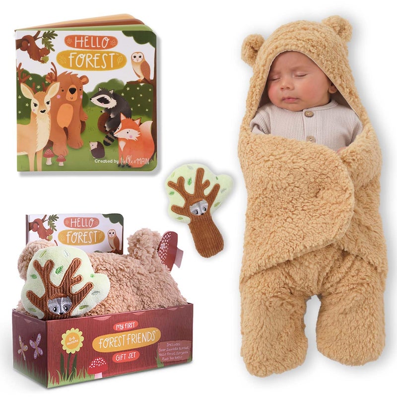 Tickle & Main طقم هدايا المواليد من تيكل وماين للحيوانات الغابية - 3 قطع، 26 × 29 بوصة بطانية قطنية لللف - جرس شجرة ناعم وكتاب قصص - Image 1