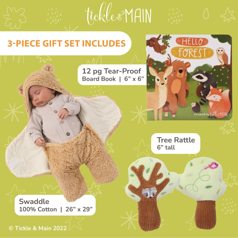 Tickle & Main طقم هدايا المواليد من تيكل وماين للحيوانات الغابية - 3 قطع، 26 × 29 بوصة بطانية قطنية لللف - جرس شجرة ناعم وكتاب قصص - Image 2