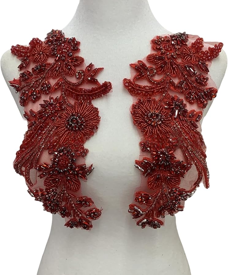 تطريزات زهور خرز أحمر تُخاط على رقع لتزيين أزياء الحرف اليدوية - Image 2