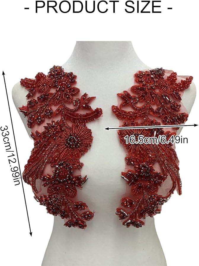 تطريزات زهور خرز أحمر تُخاط على رقع لتزيين أزياء الحرف اليدوية - Image 5