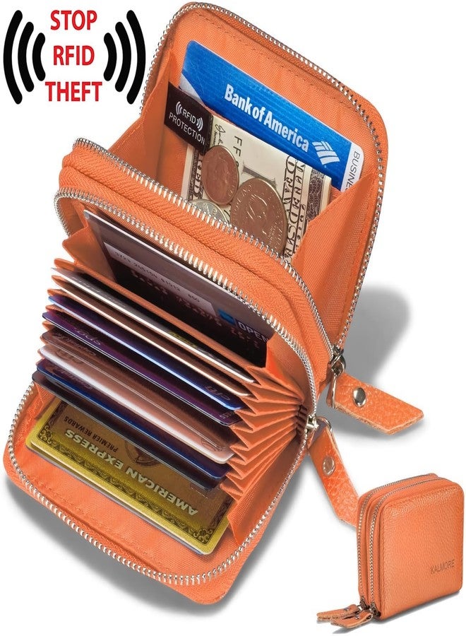 كالمور محفظة بطاقات صغيرة أنيقة وواسعة من الجلد للنساء من كالمور، مزودة بتقنية RFID، لون برتقالي، بسحابين. - Image 2
