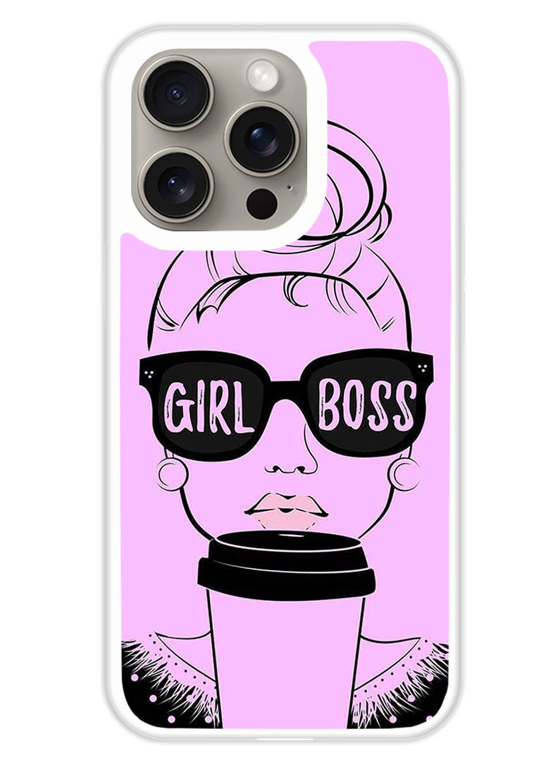 Theodor Protective Case Cover For APPLE IPHONE 15 Pro Max Girl Boss Pink Background  (White Bumper) - Image 1