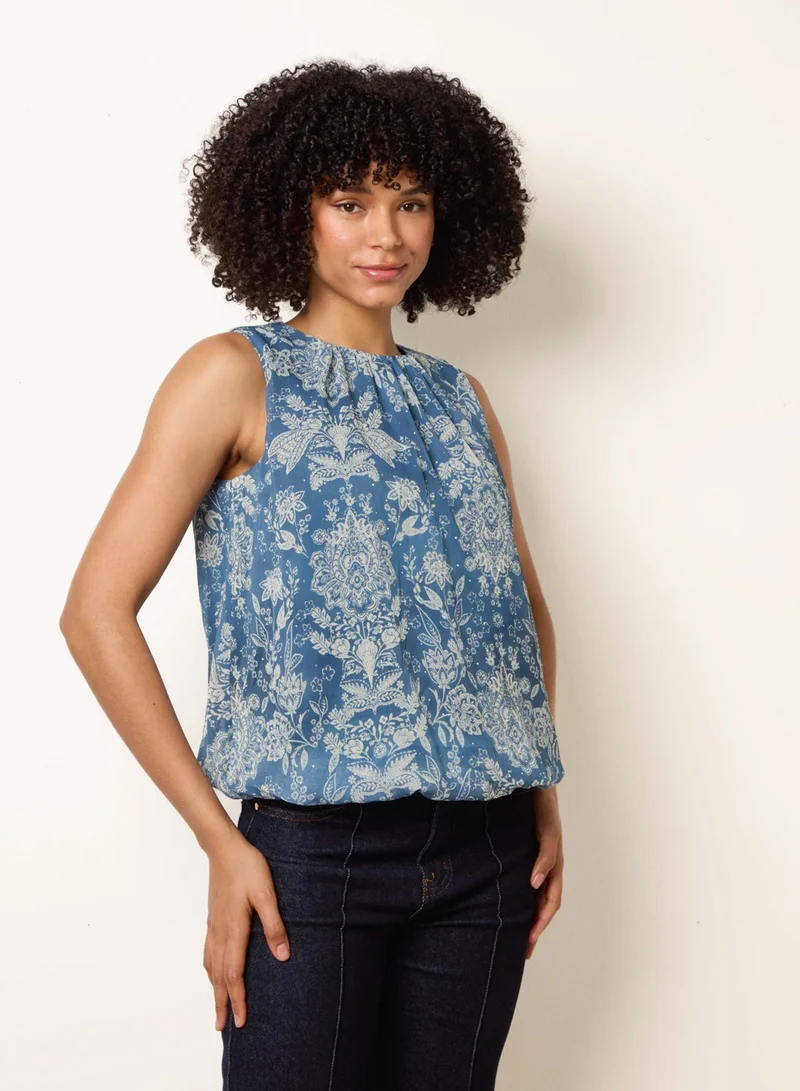 Blue Vanilla Paisley Rhinestone Detailed Bubble Hem Blouse