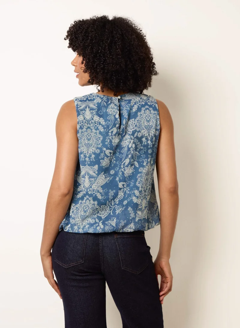 Blue Vanilla Paisley Rhinestone Detailed Bubble Hem Blouse