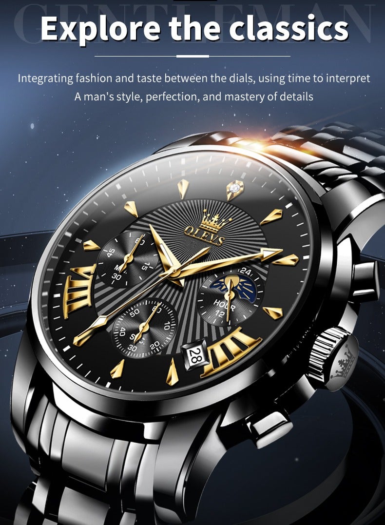 أوليفز ساعات OLEVS للرجال أنيقة من الفولاذ المقاوم للصدأ كوارتز كرونوغراف مقاومة للماء 41 مم 2892 ساعات كوارتز سوداء للأعمال - Image 3